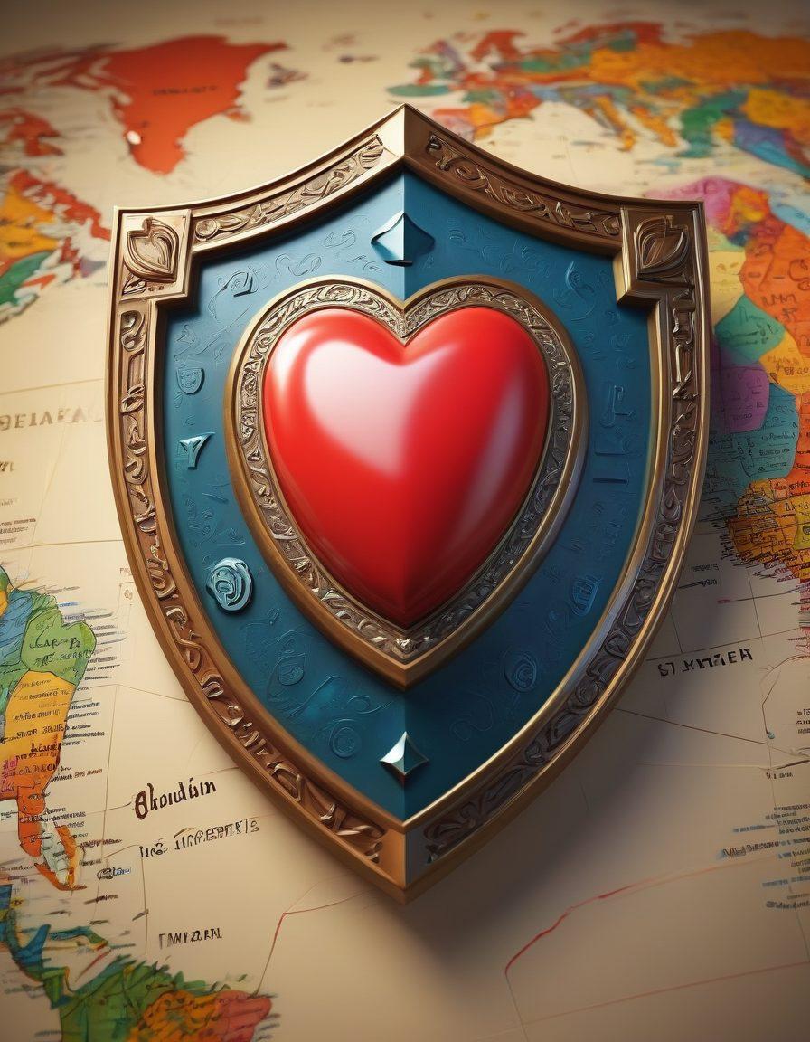 A visually captivating representation of a shield symbolizing protection adorned with heart motifs, surrounded by icons of financial symbols like dollar signs and safe boxes. A warm, inviting color palette conveys a sense of security and care. In the background, a world map subtly illustrates the global reach of insurance services. super-realistic. vibrant colors. 3D.