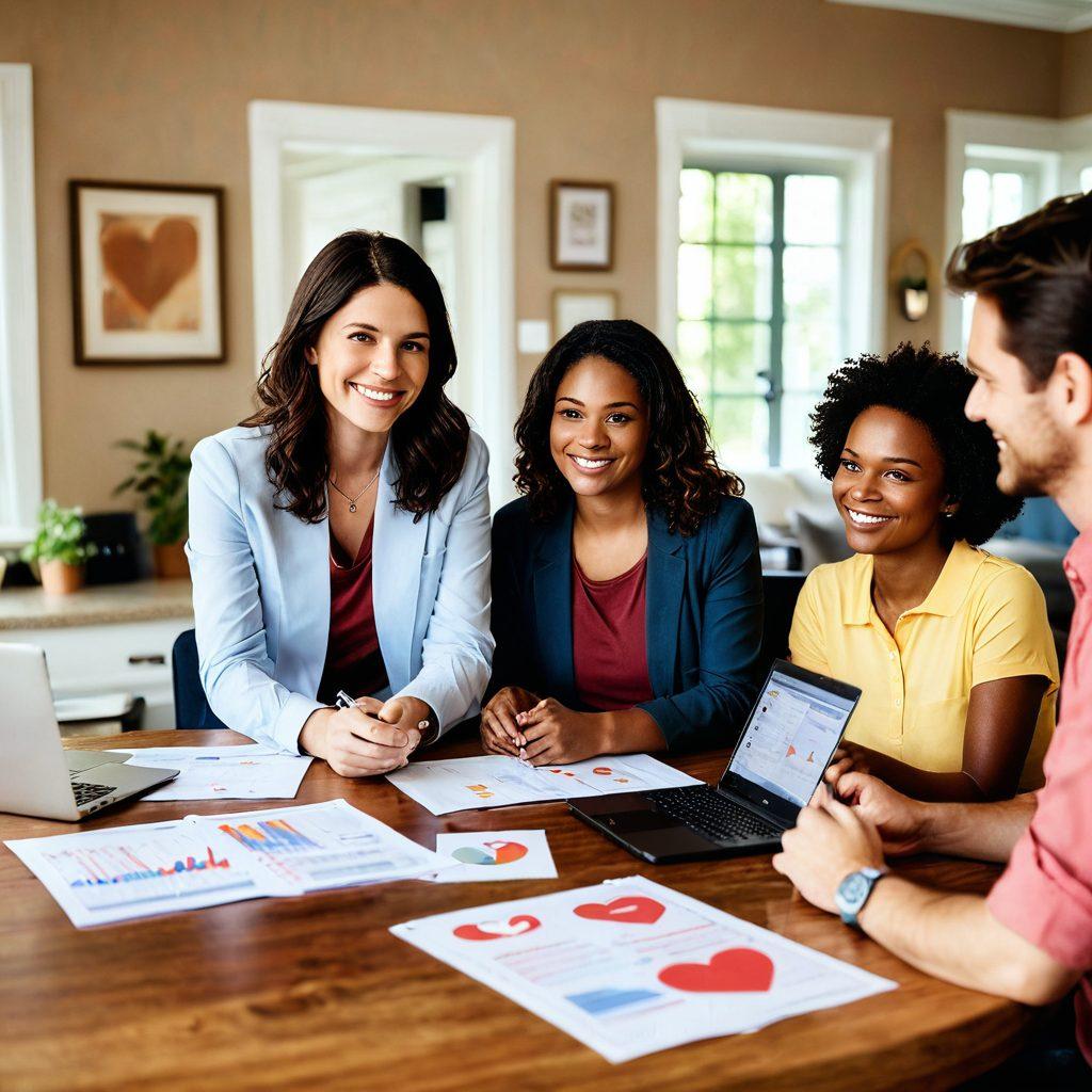 A cozy living room scene depicting a friendly insurance agent discussing comprehensive coverage options with a happy family. The room is filled with warm colors, emphasizing comfort and trust, while documents and a laptop with analysis charts are on the table. Elements of affordability, like a piggy bank and a heart symbol, subtly incorporated in the background. super-realistic. warm colors. inviting atmosphere.