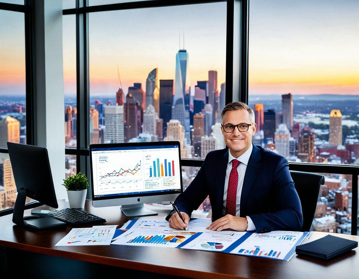 A confident financial advisor sitting at a desk, surrounded by various insurance policy documents and a laptop, showcasing graphs and analysis. A large window in the background offers a view of a city skyline, indicating opportunities and growth. The scene should exude professionalism and trustworthiness, with warm, inviting lighting. Include elements like a protective shield icon subtly integrated into the desktop items. super-realistic. vibrant colors. white background.